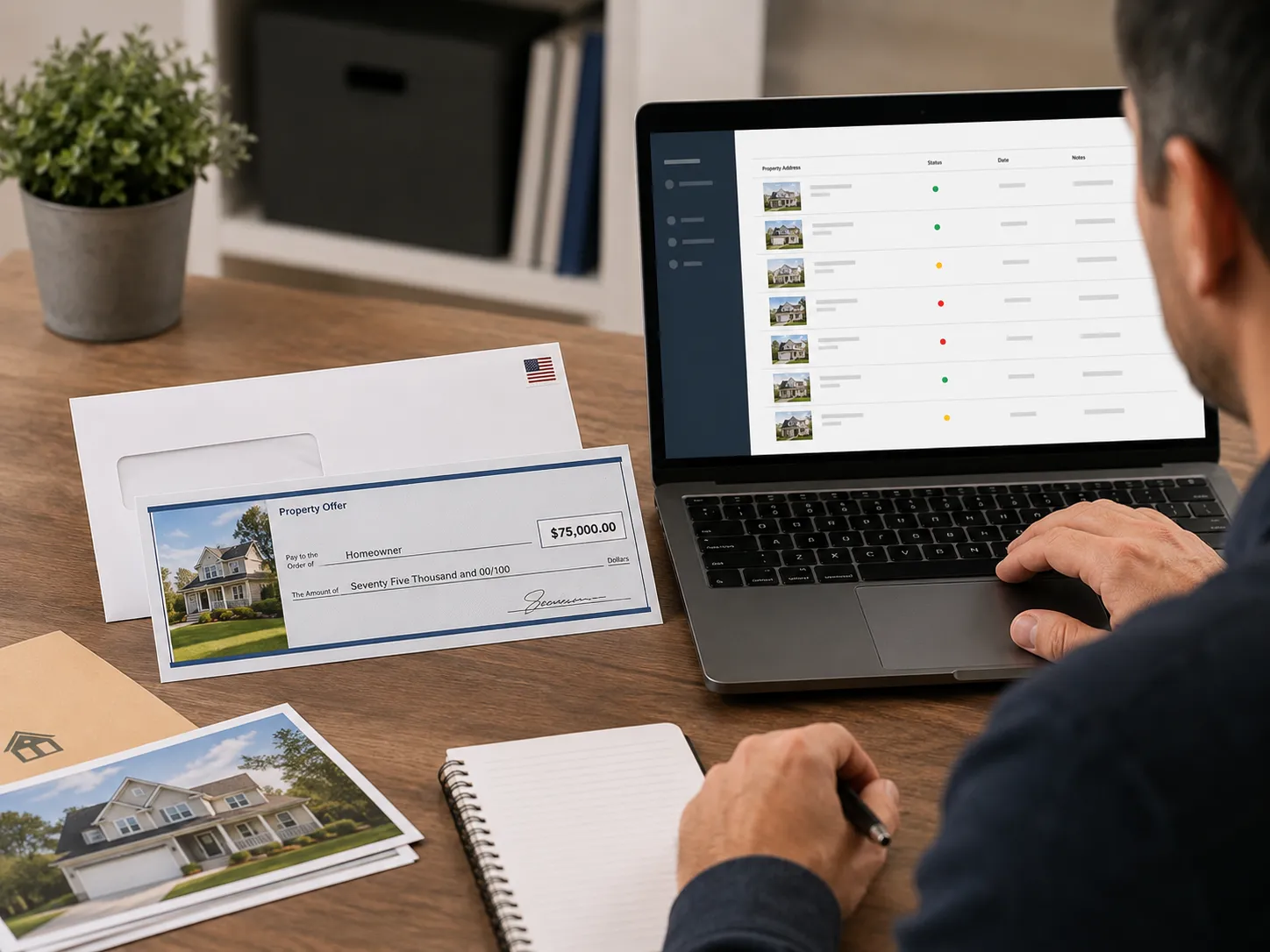Check mailer real estate direct mail campaign with property offer and homeowner response tracking