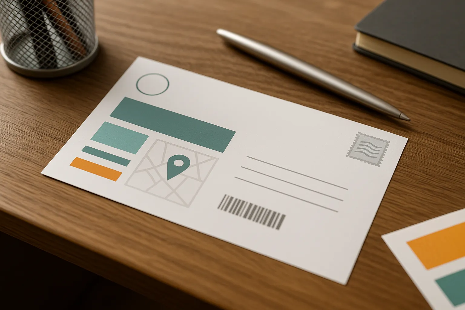 Direct mail for land flipping postcard design on desk