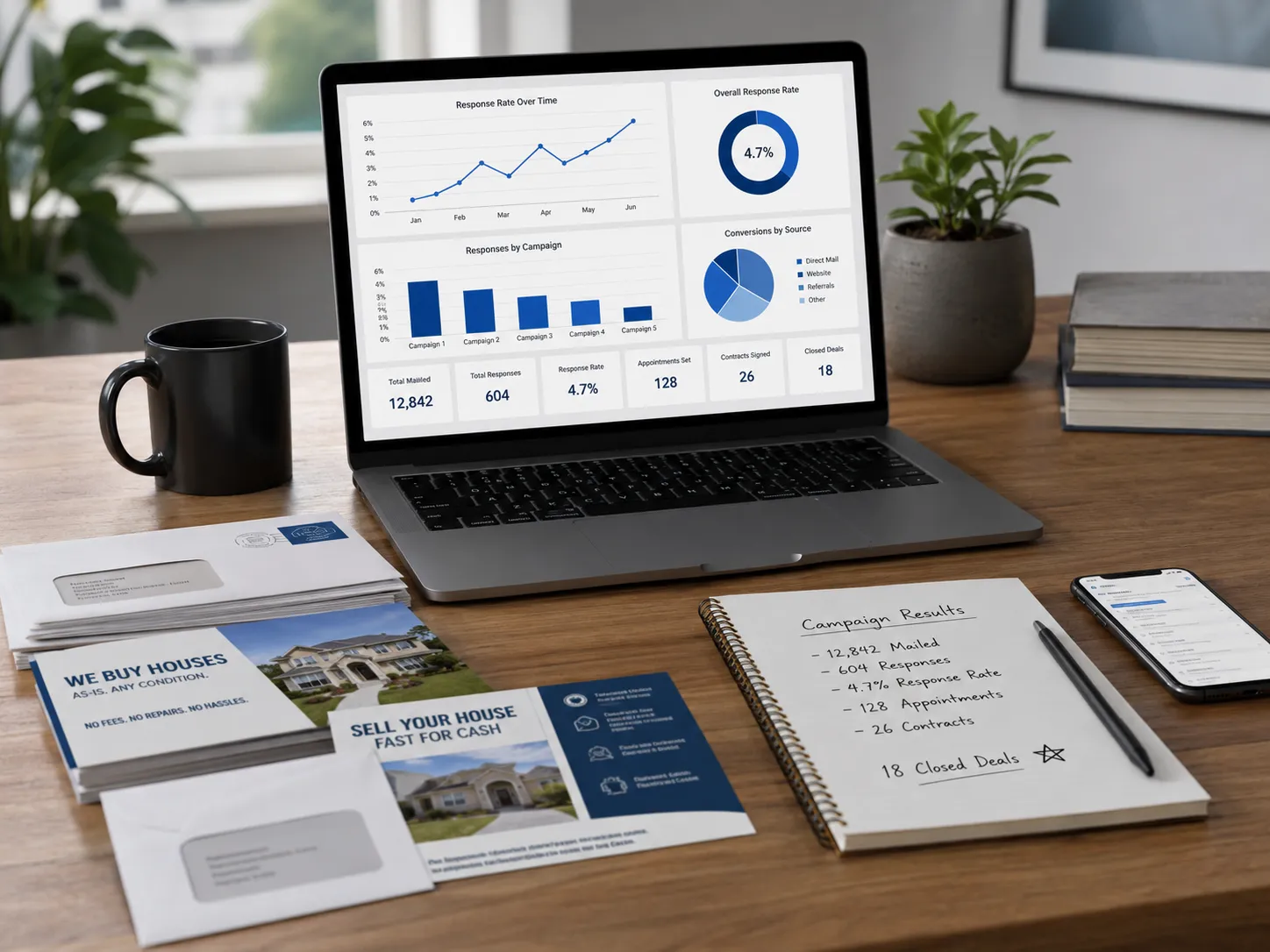 Direct mail ROI performance tracking for real estate investors reviewing campaign response rate and closed deals